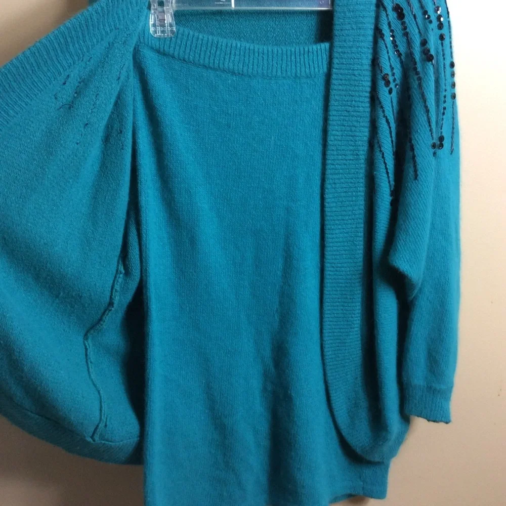 Vintage 80s silk and angora blend sweater skirt set. Teal. Medium.